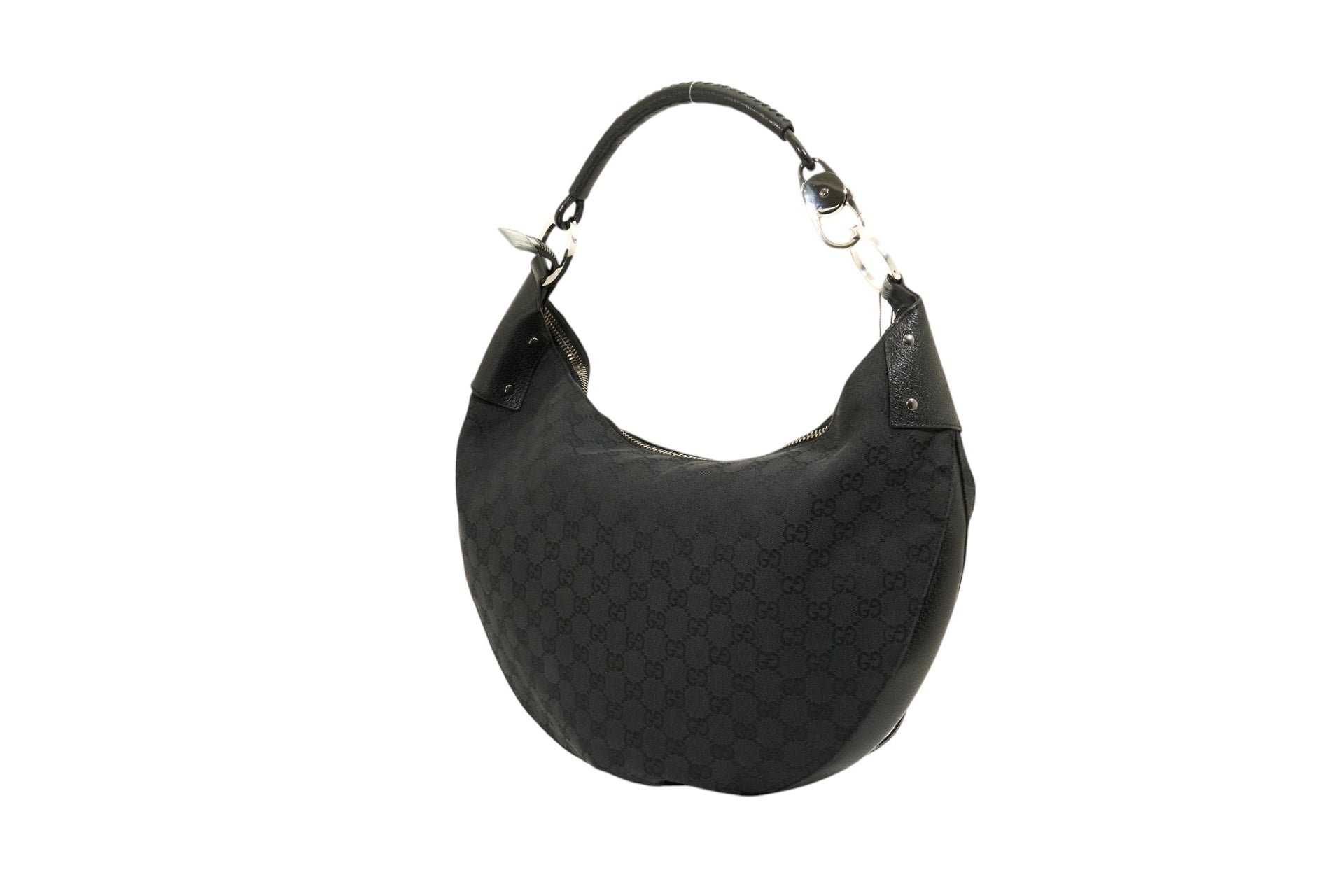 Gucci Monogram Hobo Black Patent Leather Trim Canvas Medium