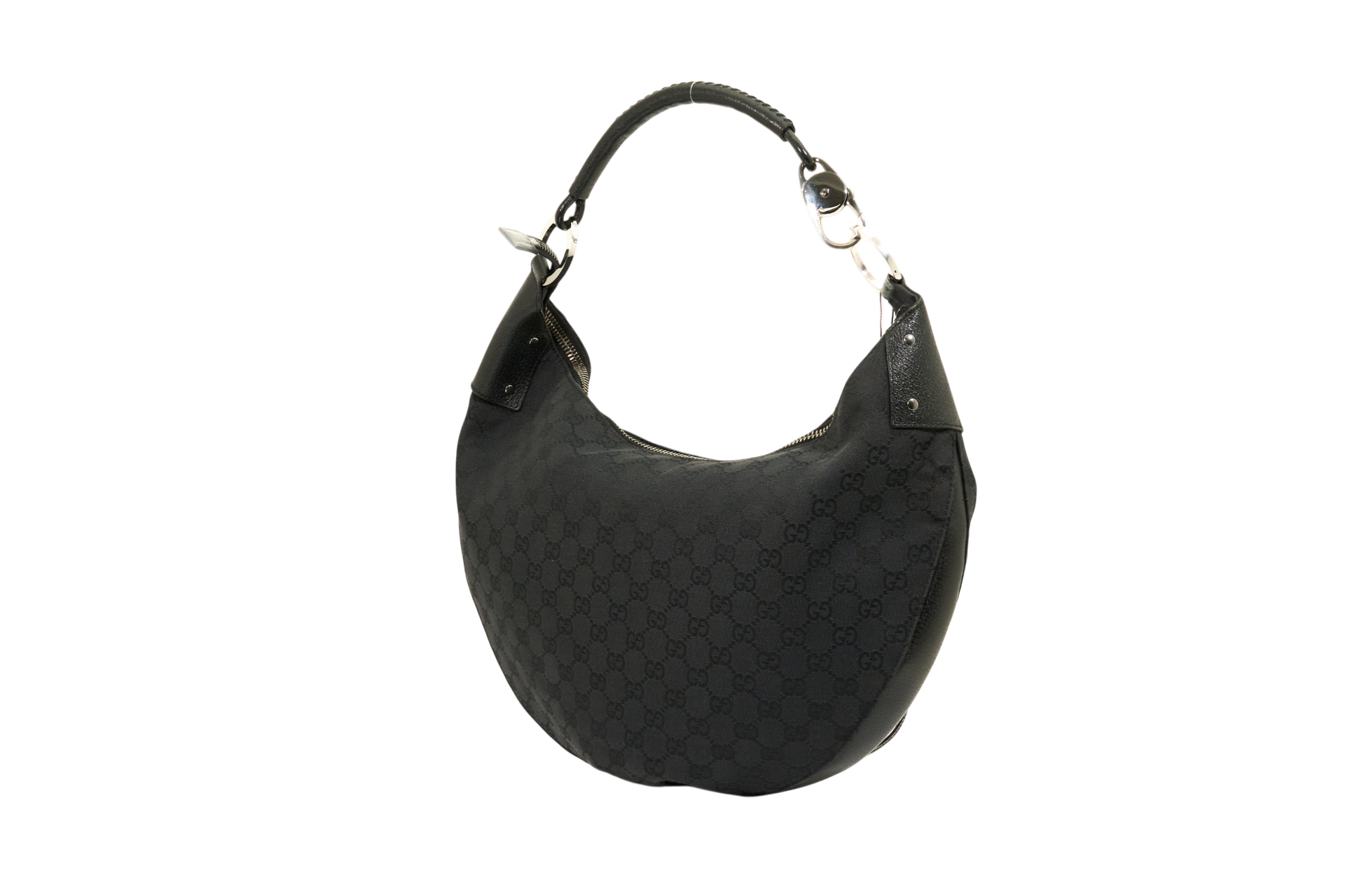 Gucci Monogram Hobo Black Patent Leather Trim Canvas Medium