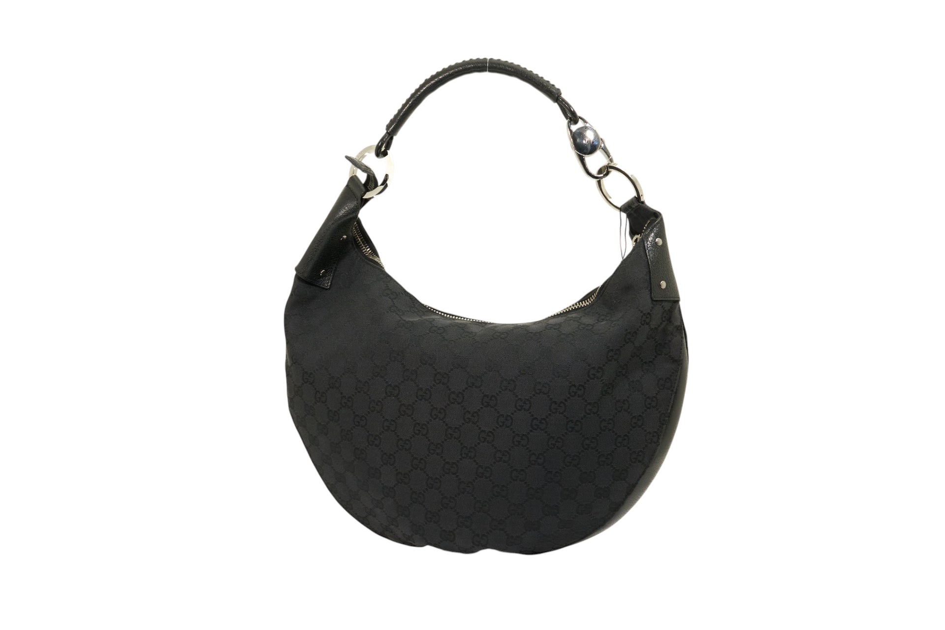 Gucci Monogram Hobo Black Patent Leather Trim Canvas Medium