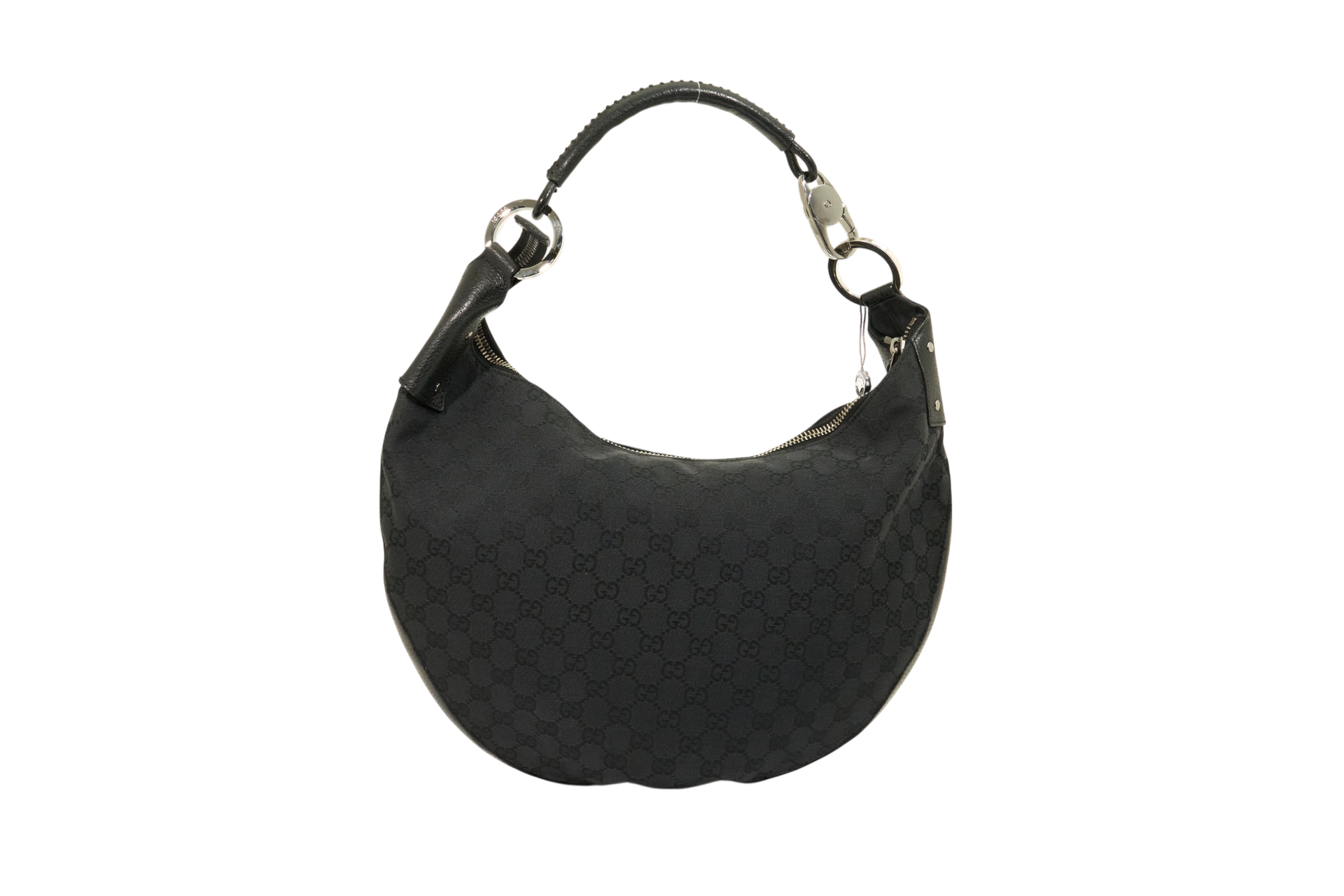 Gucci Monogram Hobo Black Patent Leather Trim Canvas Medium