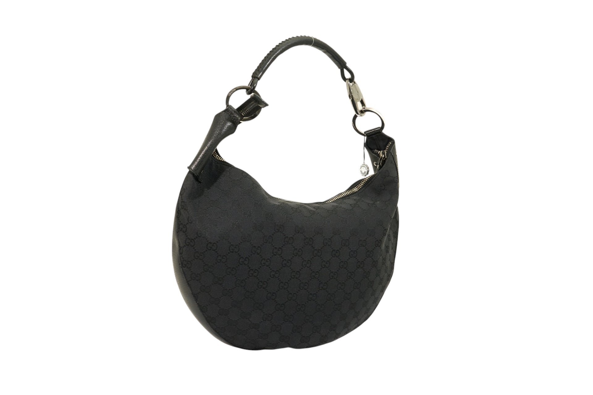 Gucci Monogram Hobo Black Patent Leather Trim Canvas Medium