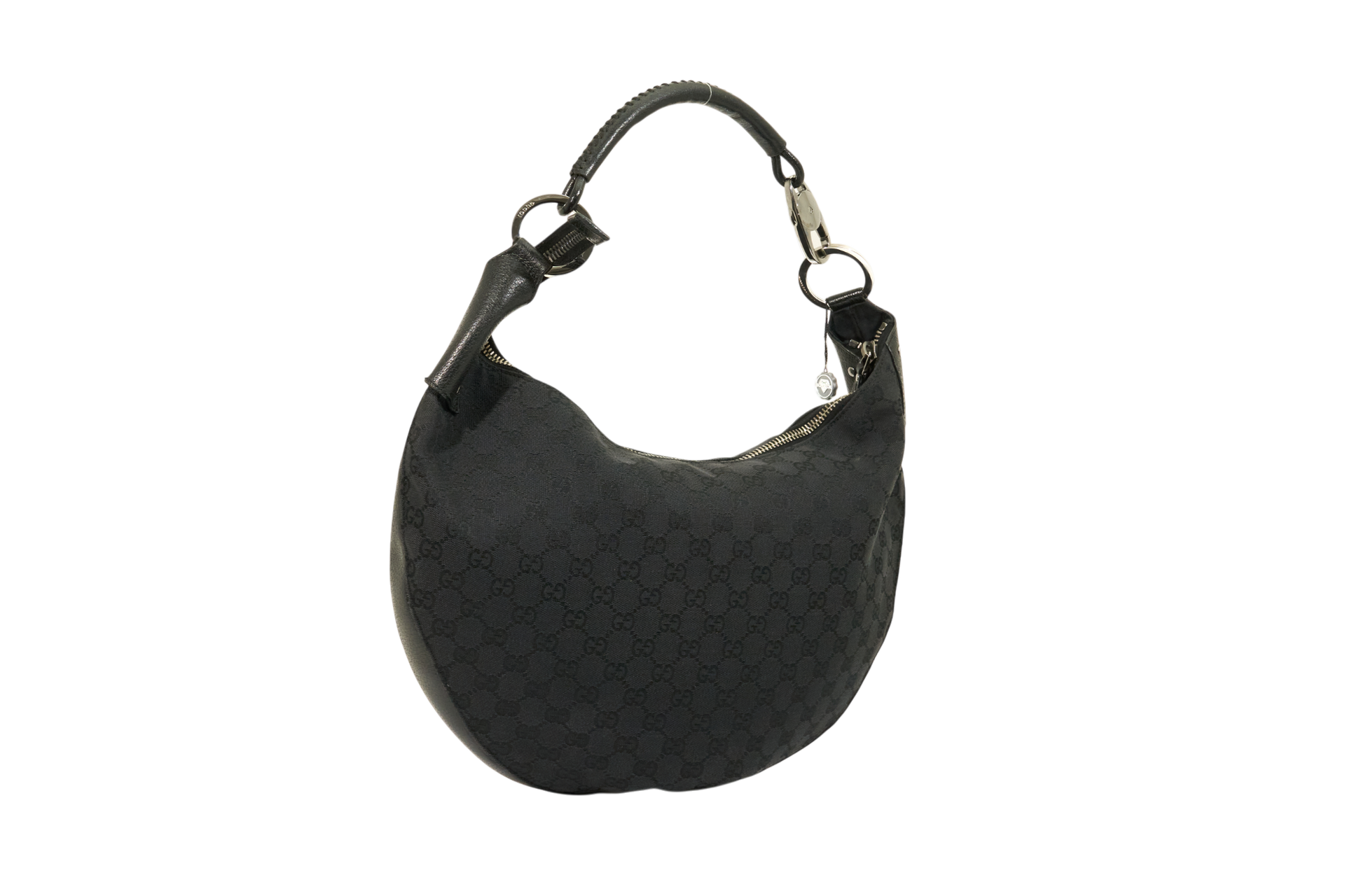 Gucci Monogram Hobo Black Patent Leather Trim Canvas Medium