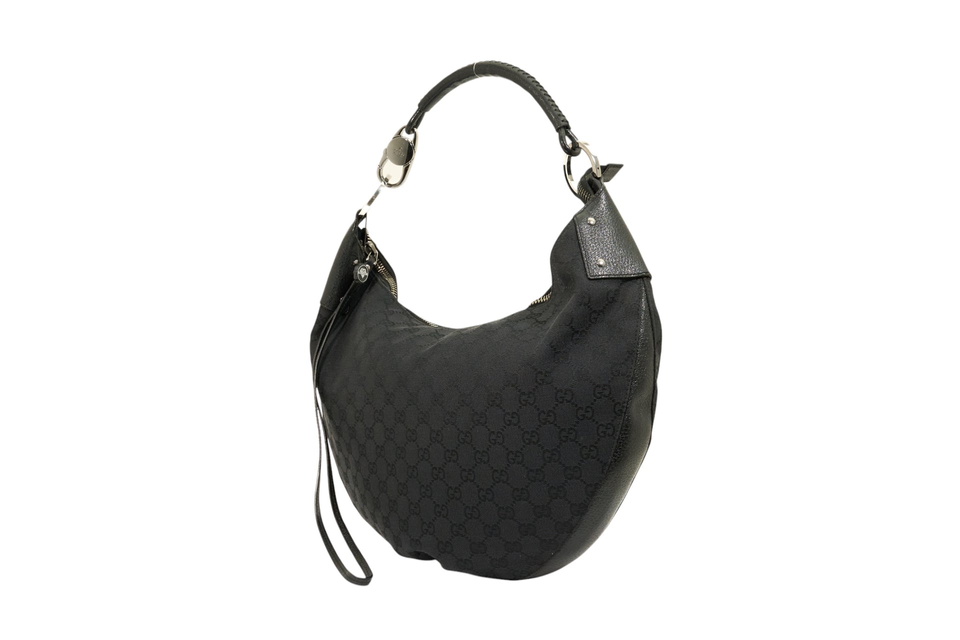 Gucci Monogram Hobo Black Patent Leather Trim Canvas Medium