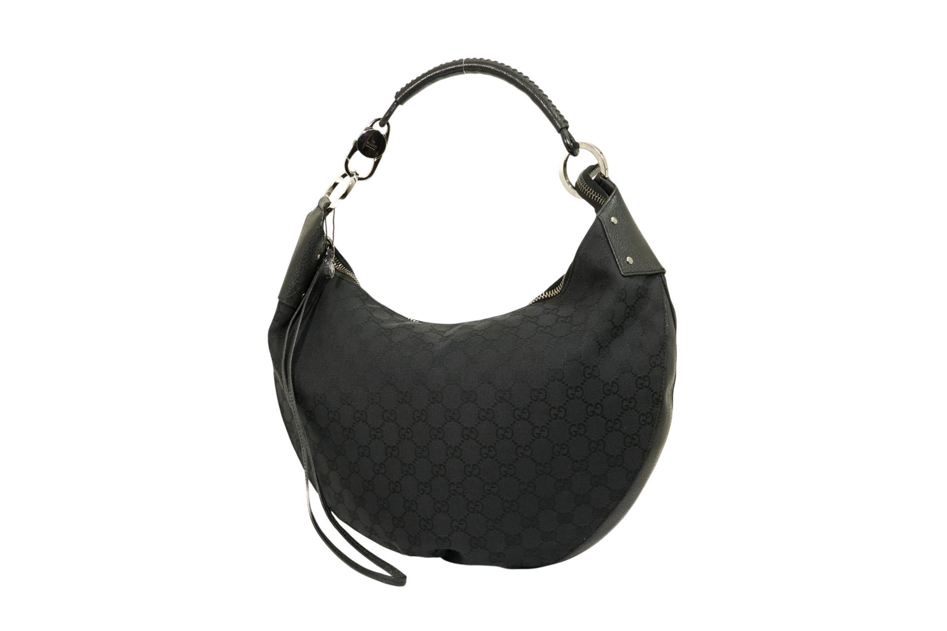 Gucci Monogram Hobo Black Patent Leather Trim Canvas Medium