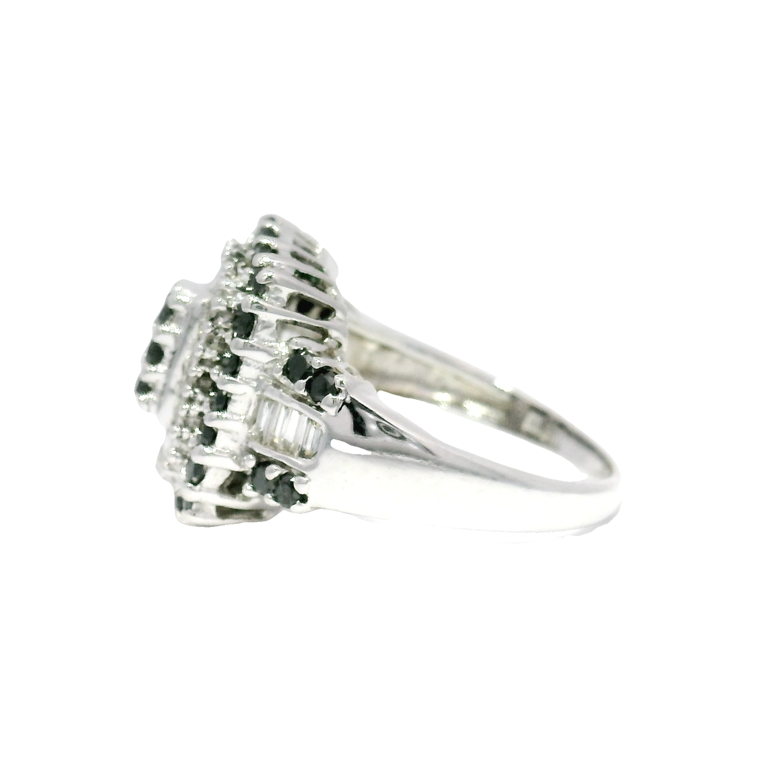Natural Round Black Diamond and White Baguette Diamond Cocktail Ring Set in 14K White Gold