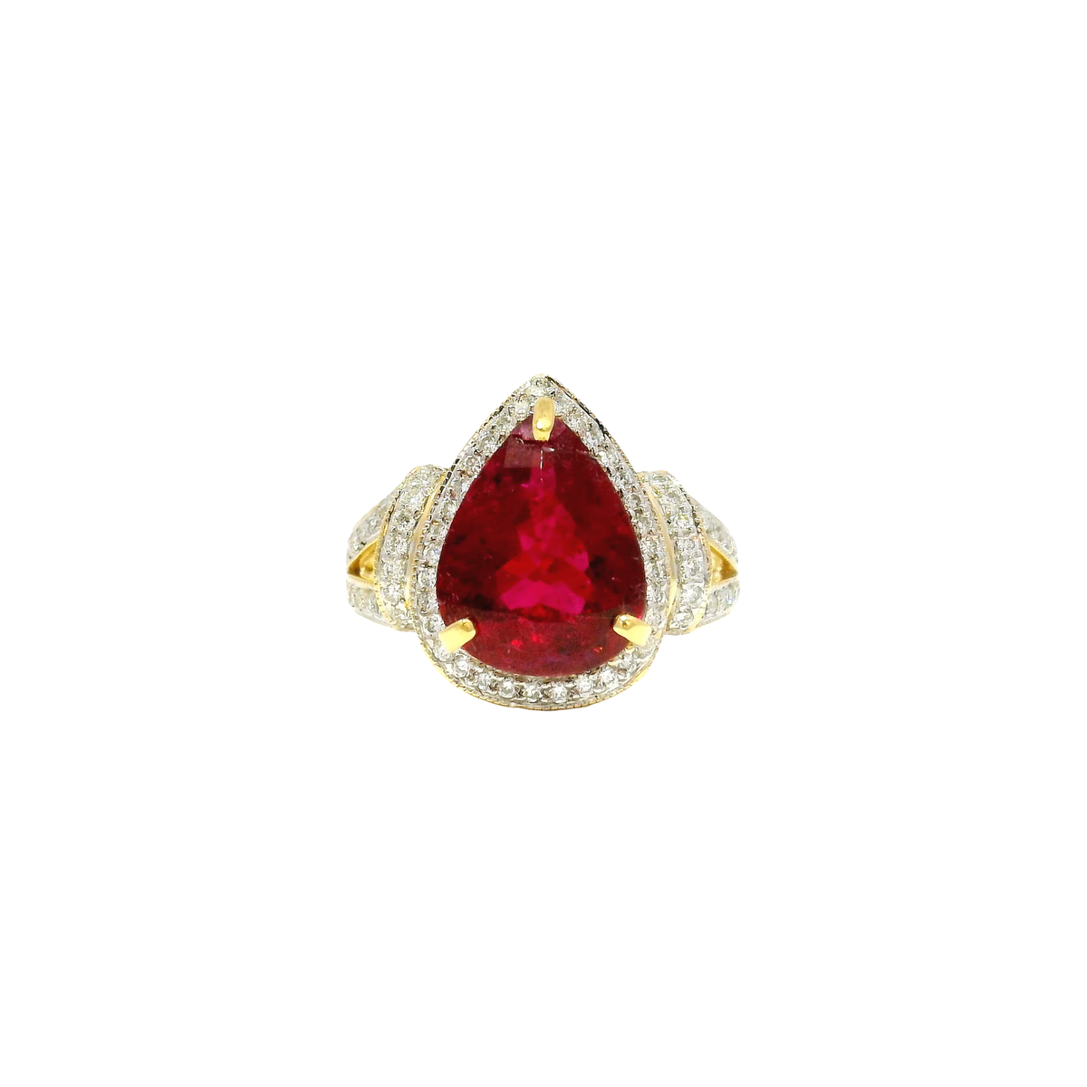 4.15ct. Rubelite Tourmaline in 18K Yellow Gold Diamond Halo Ring Sz 7