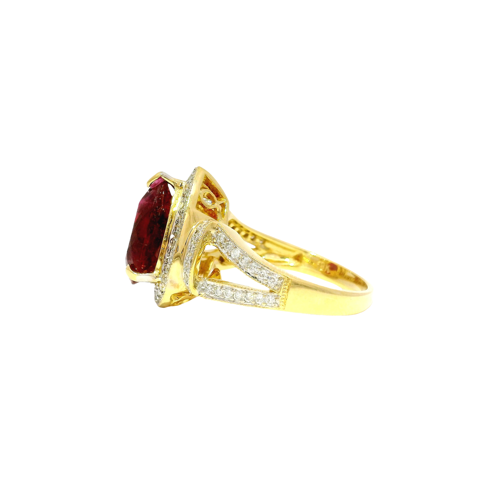 4.15ct. Rubelite Tourmaline in 18K Yellow Gold Diamond Halo Ring