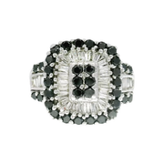 Natural Round Black Diamond and White Baguette Diamond Cocktail Ring Set in 14K White Gold Sz 5