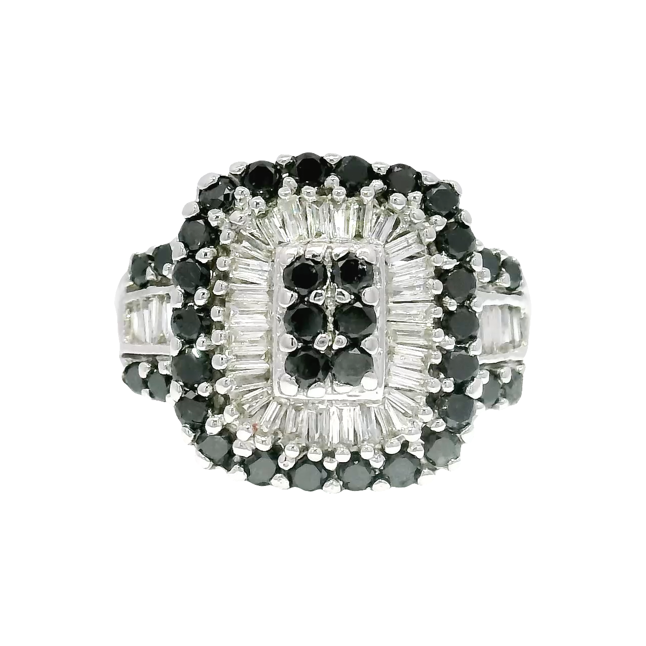 Natural Round Black Diamond and White Baguette Diamond Cocktail Ring Set in 14K White Gold