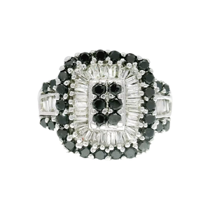Natural Round Black Diamond and White Baguette Diamond Cocktail Ring Set in 14K White Gold