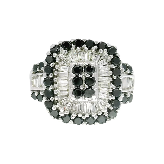 Natural Round Black Diamond and White Baguette Diamond Cocktail Ring Set in 14K White Gold