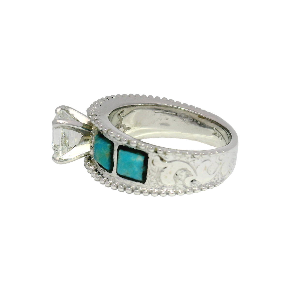 1.30ct. J VS1 Natural Asscher Cut Diamond in Custom 14K Turquoise Mounting // GIA 2231290144 Sz 6.
