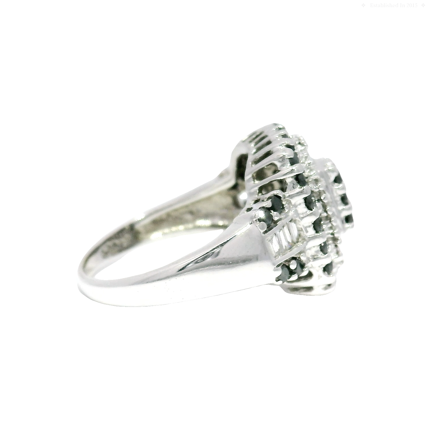 Natural Round Black Diamond and White Baguette Diamond Cocktail Ring Set in 14K White Gold