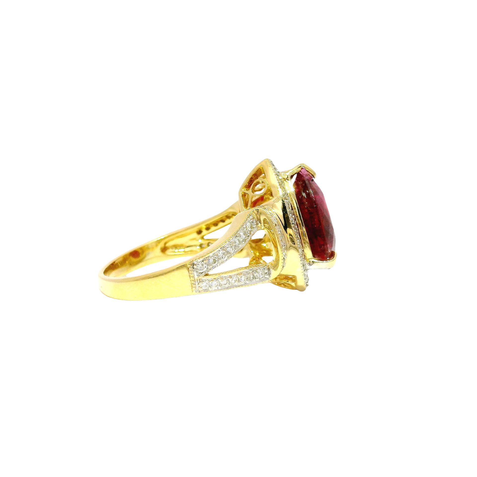 4.15ct. Rubelite Tourmaline in 18K Yellow Gold Diamond Halo Ring