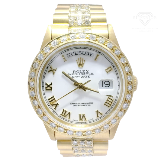 36mm Rolex President in Solid 18K Yellow Gold Featuring Large Diamond Bezel & Diamond Center Links