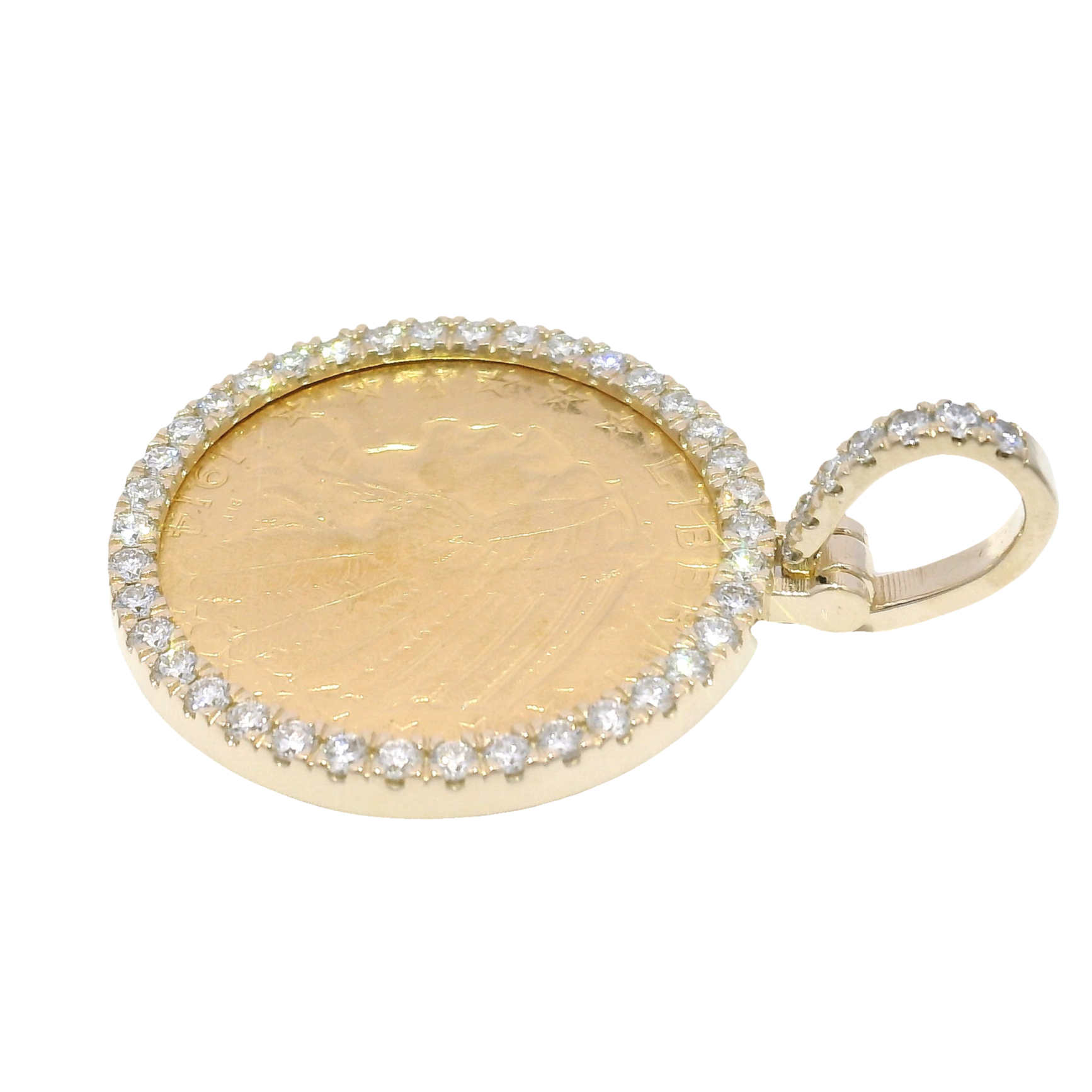 1914 $5 Gold Indian Coin Pendant in Custom 14K Yellow Gold & Lab Diamond Mounting