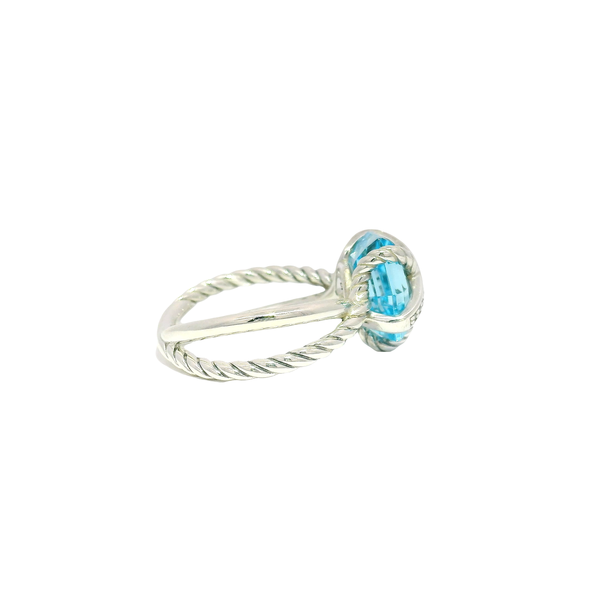 David Yurman Cable Wrapped Blue Topaz Ring with Diamond Accents Set in Sterling Silver Sz 6