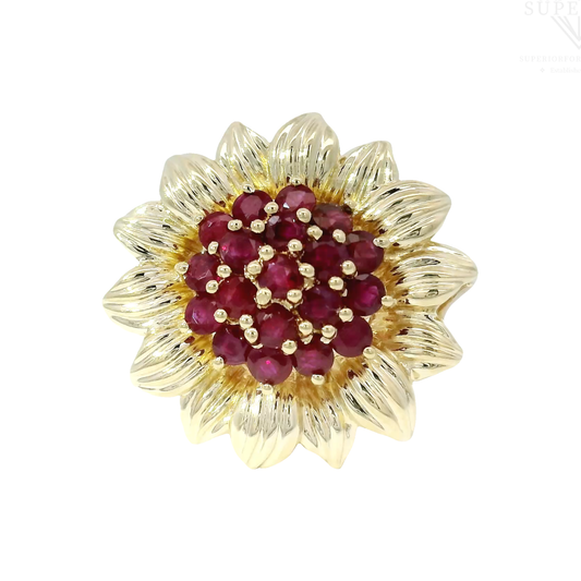 Flower Style Ruby Cocktail Ring in 14K Yellow Gold