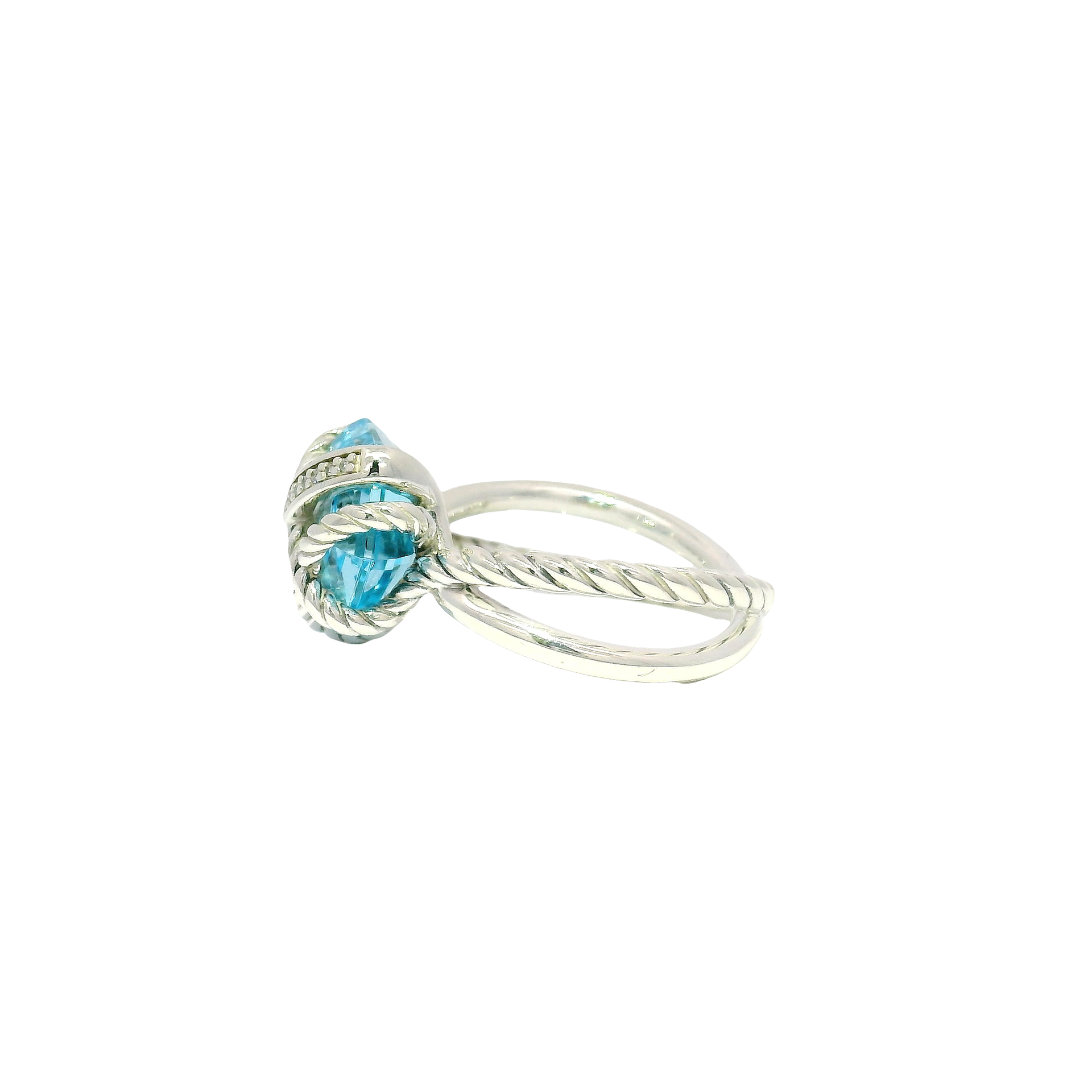 David Yurman Cable Wrapped Blue Topaz Ring with Diamond Accents Set in Sterling Silver Sz 6