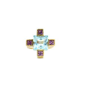 Topaz & Amethyst Cross Design Ring in 14K Yellow Gold Sz 6