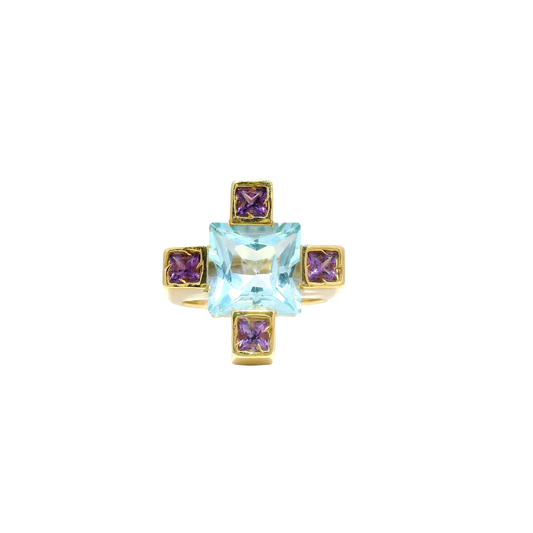 Topaz & Amethyst Cross Design Ring in 14K Yellow Gold Sz 6
