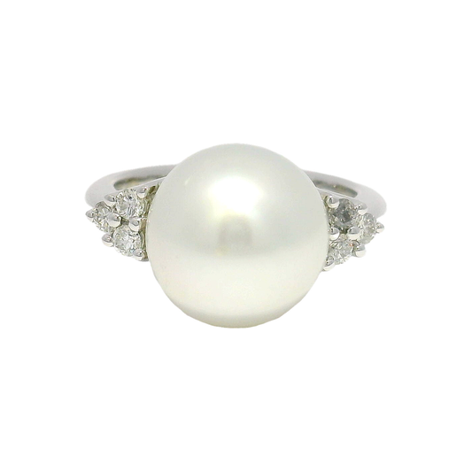 Pearl Fashion Ring with Natural Diamond Accents in 18K White Gold Sz 6.5