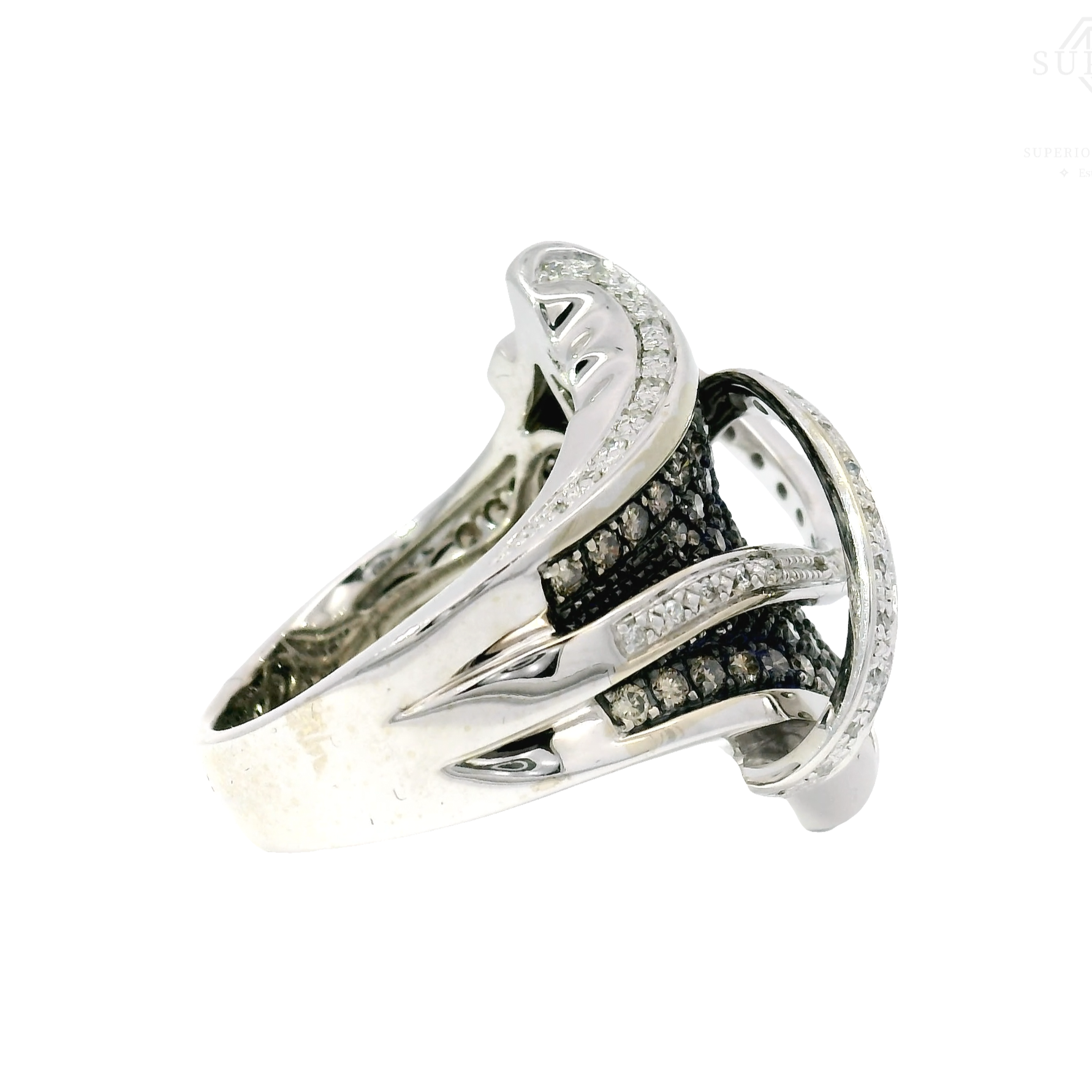 Custom Cluster Cocktail Ring Featuring Champagne and White Diamonds in 14K White Gold