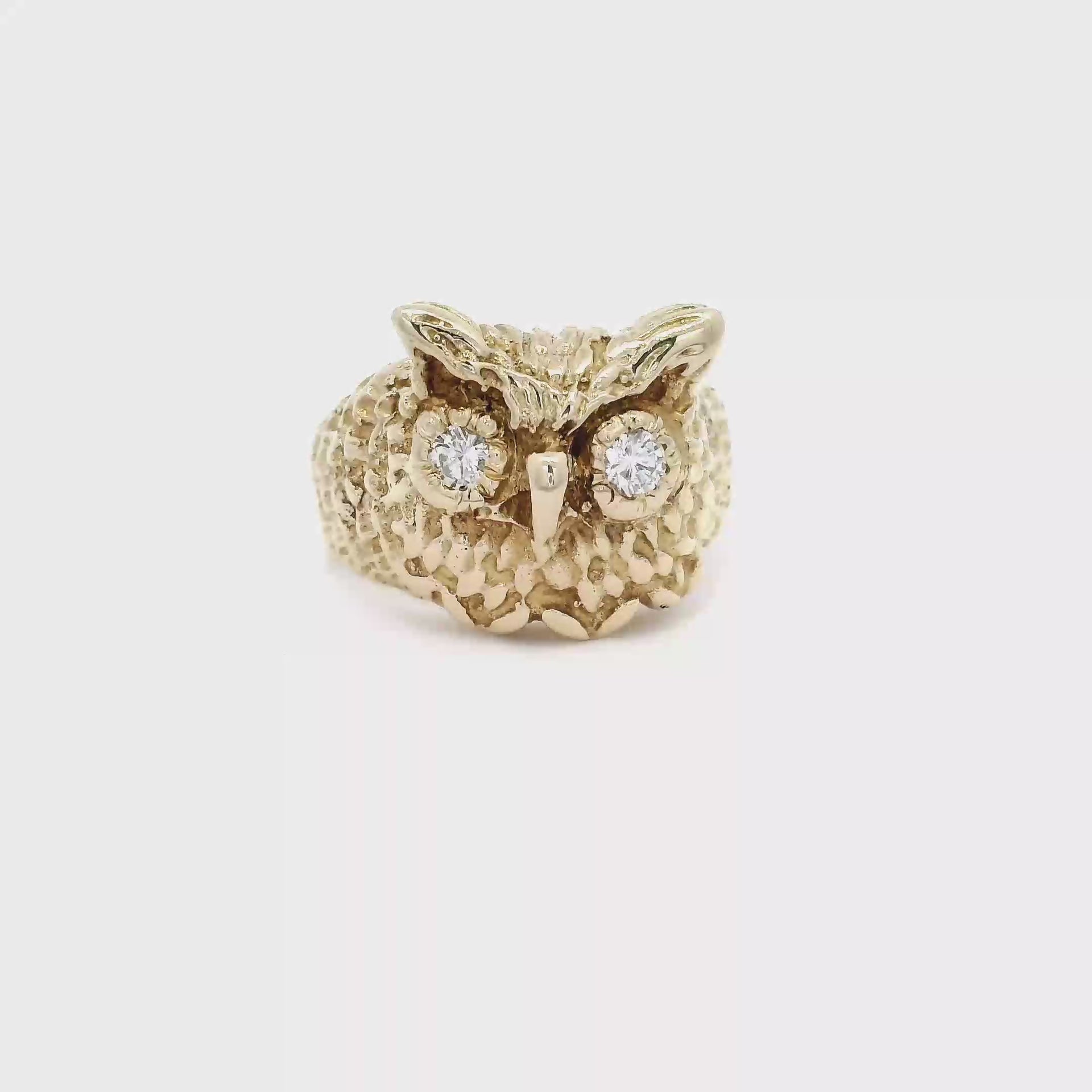 Owl Ring Featuring Natural Diamond Eyes Set in 10K Yellow Gold