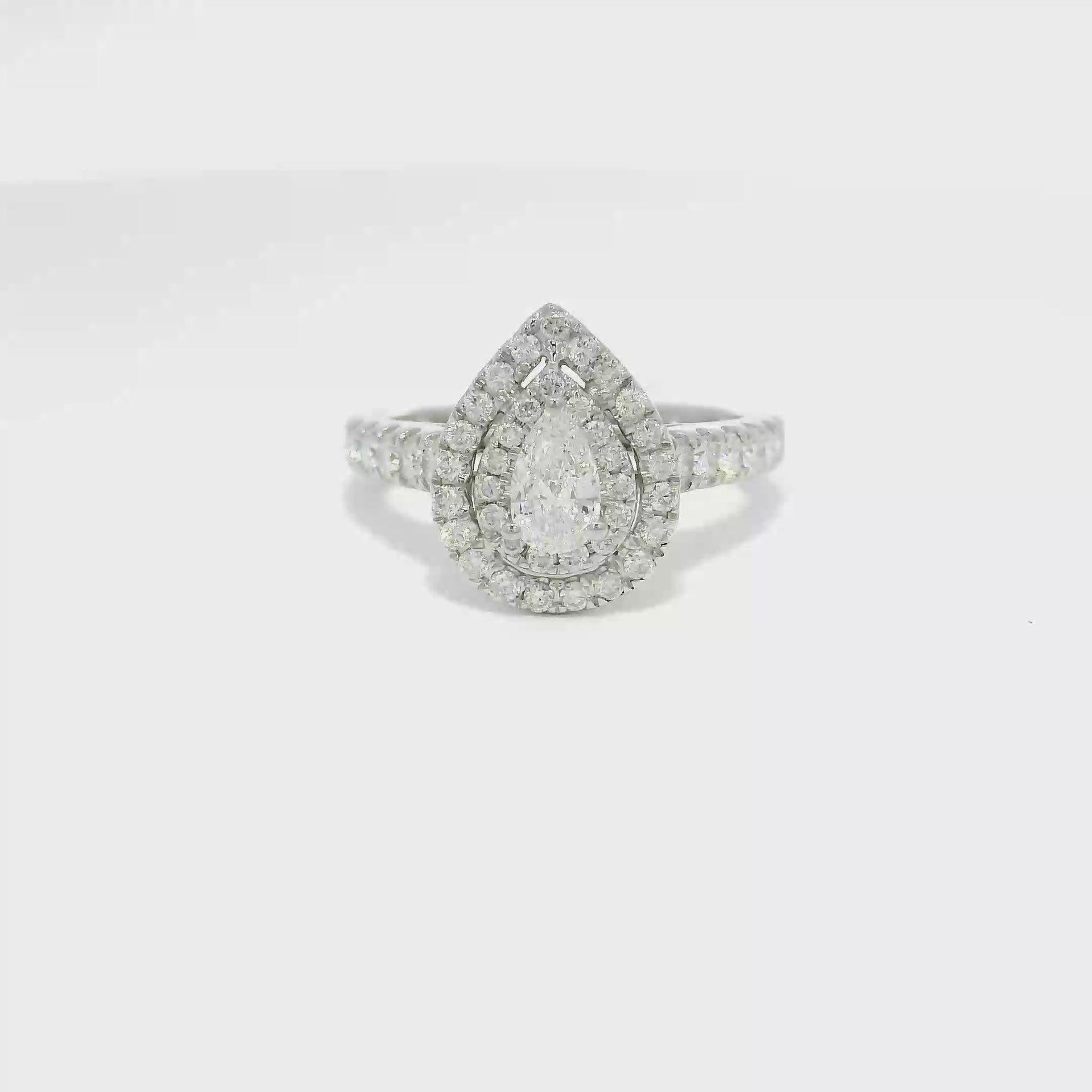 Natural Pear Shape Diamond Engagement Ring in 14K White Gold Double Halo
