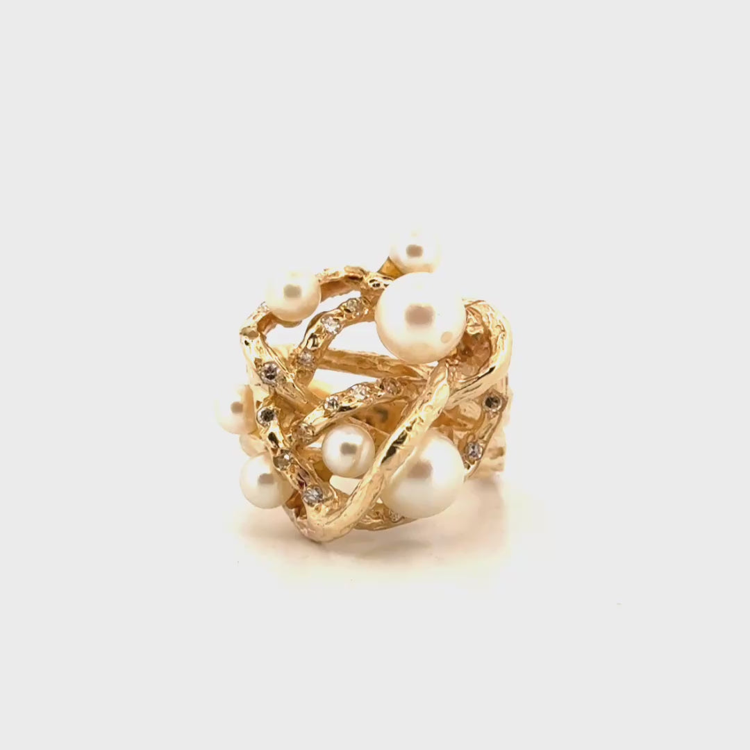 Culture Akoya Pearl Textured Swirl Design Statement Ring in 14K Yellow Gold