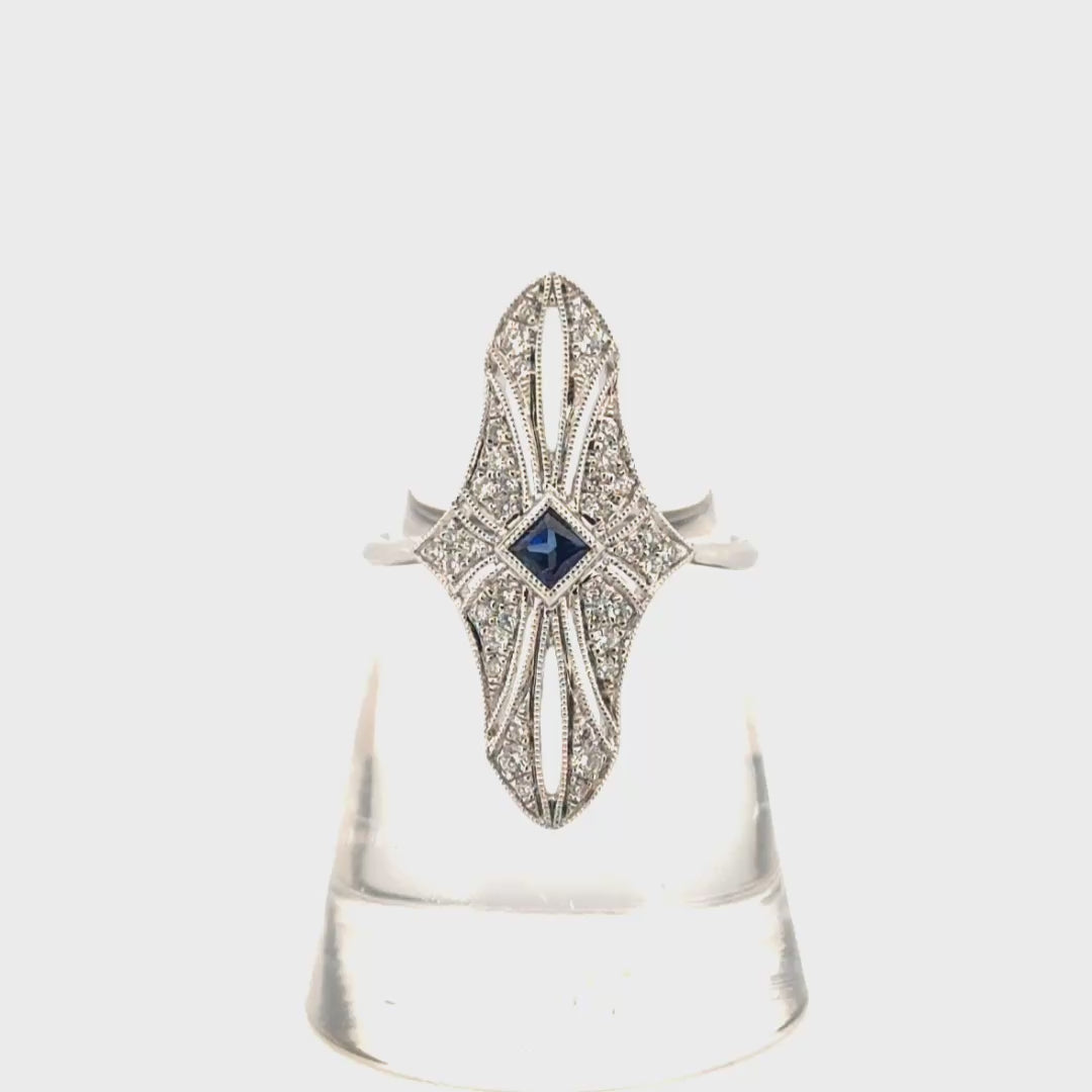 Natural Diamond & Sapphire Vintage Style Ring in 14K White Gold