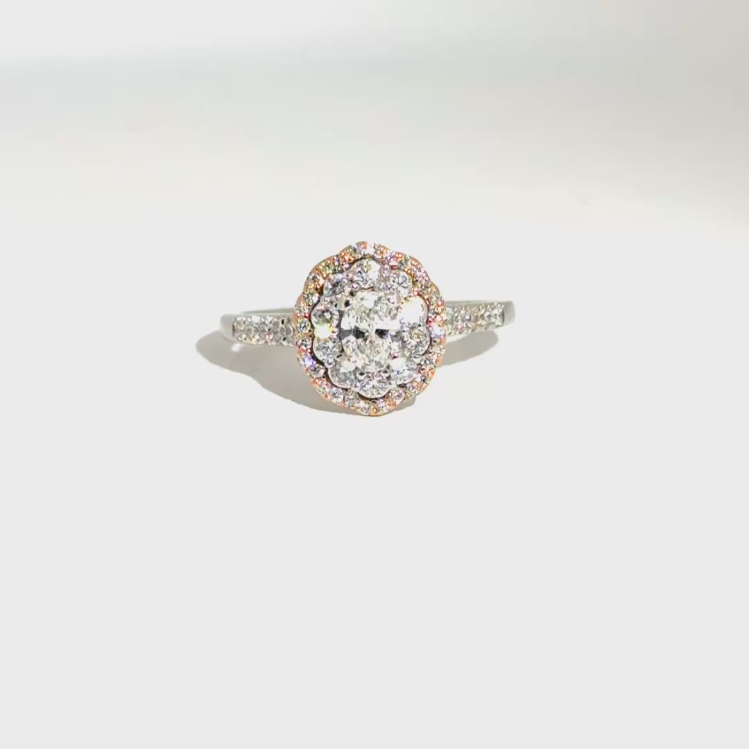 Natural Oval Cut Diamond Engagement Ring in 14K White Gold with Rose Gold Accent Halo