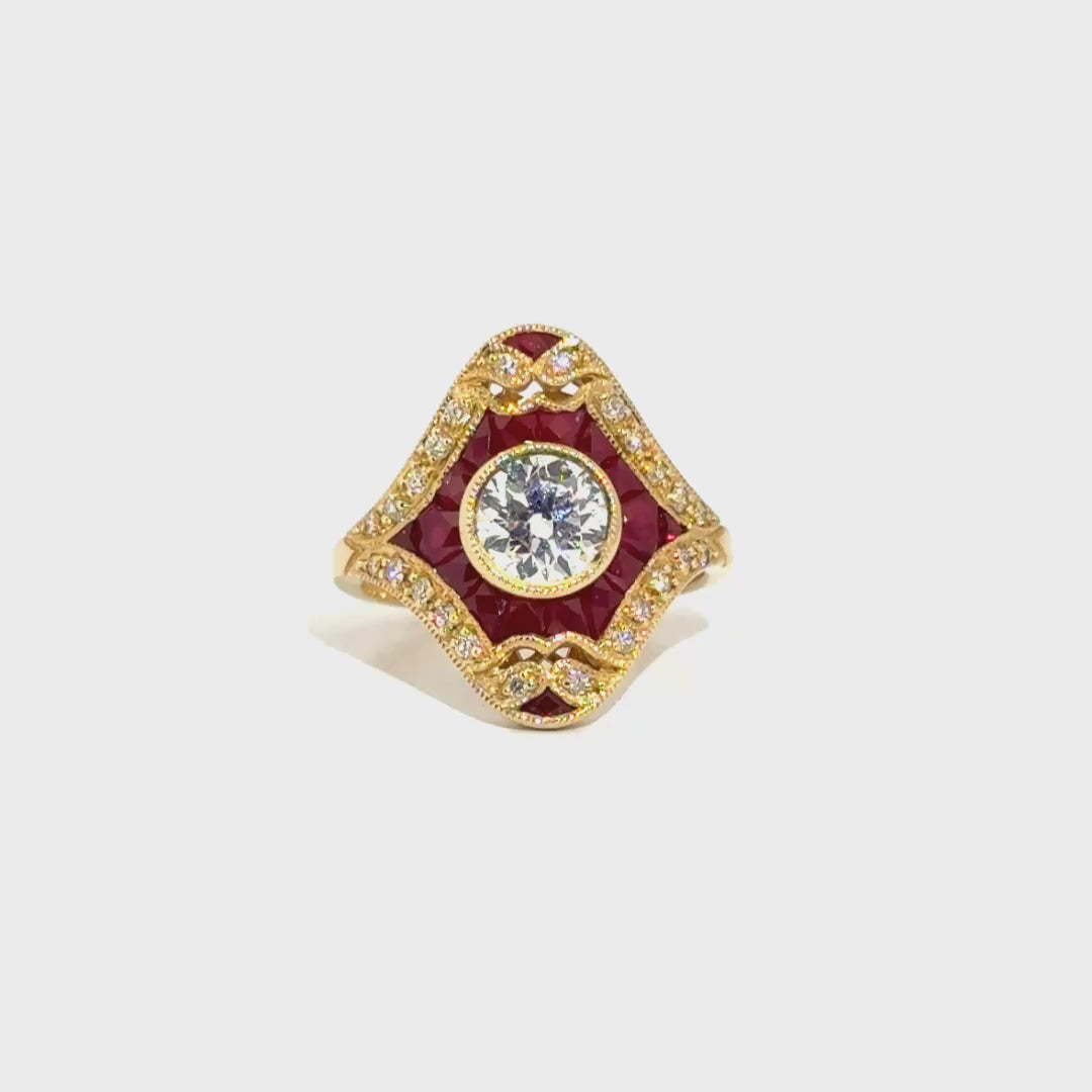 1.01ct. Natural Round Diamond Set in Vintage Style Ruby & Diamond Ring Set in 14K Yellow Gold