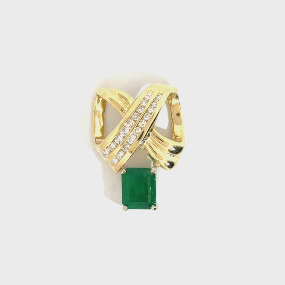 Natural Emerald & Diamond X Design Enhancer Pendant in 14K Yellow Gold
