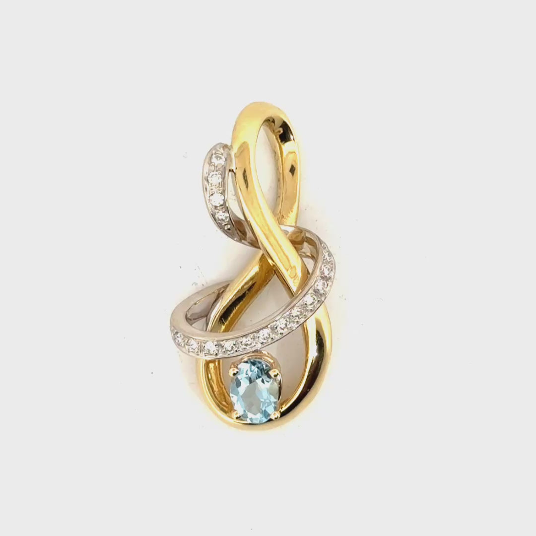 Natural Diamond & Aquamarine Pendant in Two Tone 18K Yellow & White Gold