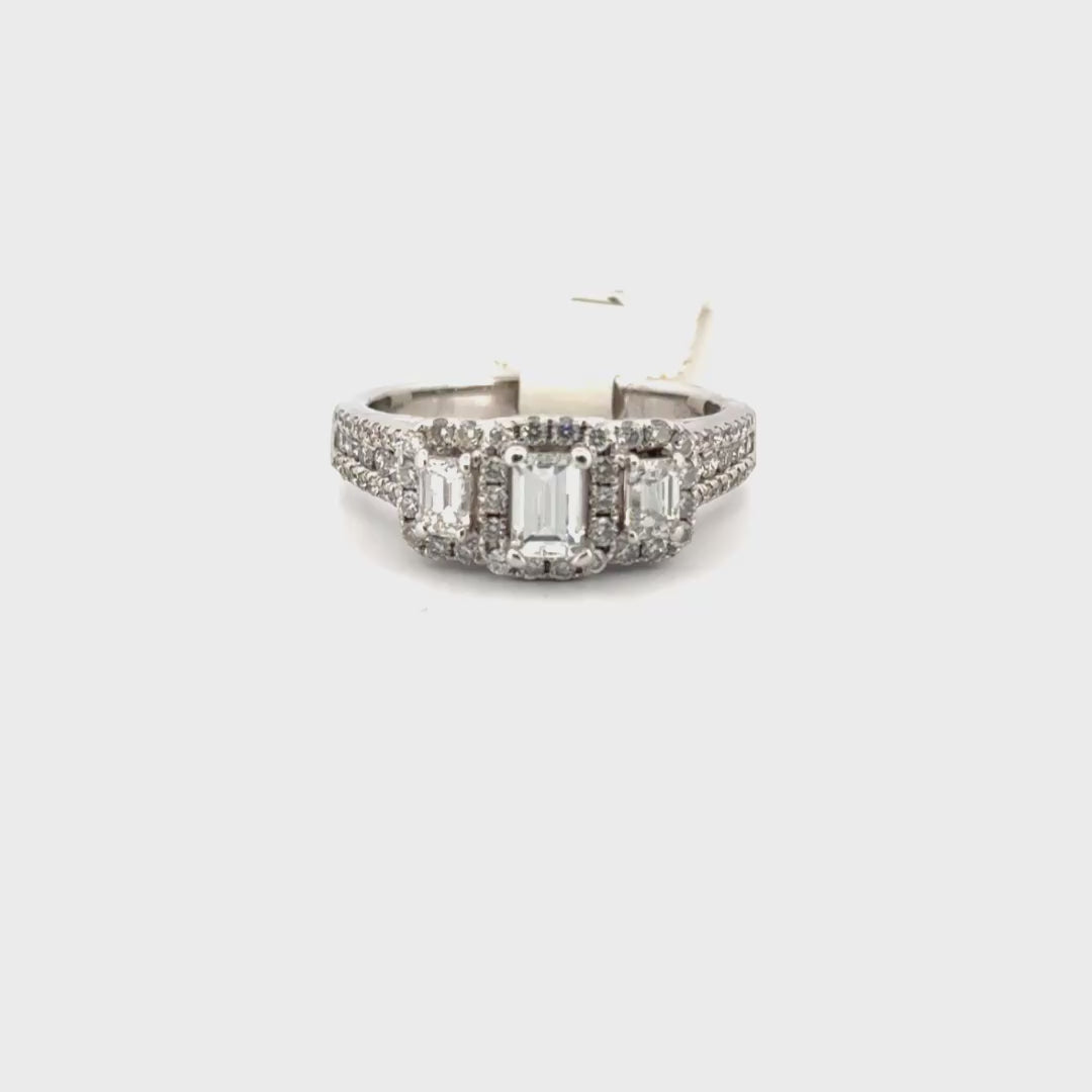Three Stone Natural Diamond Emerald Engagement Ring Set in 14K White Gold