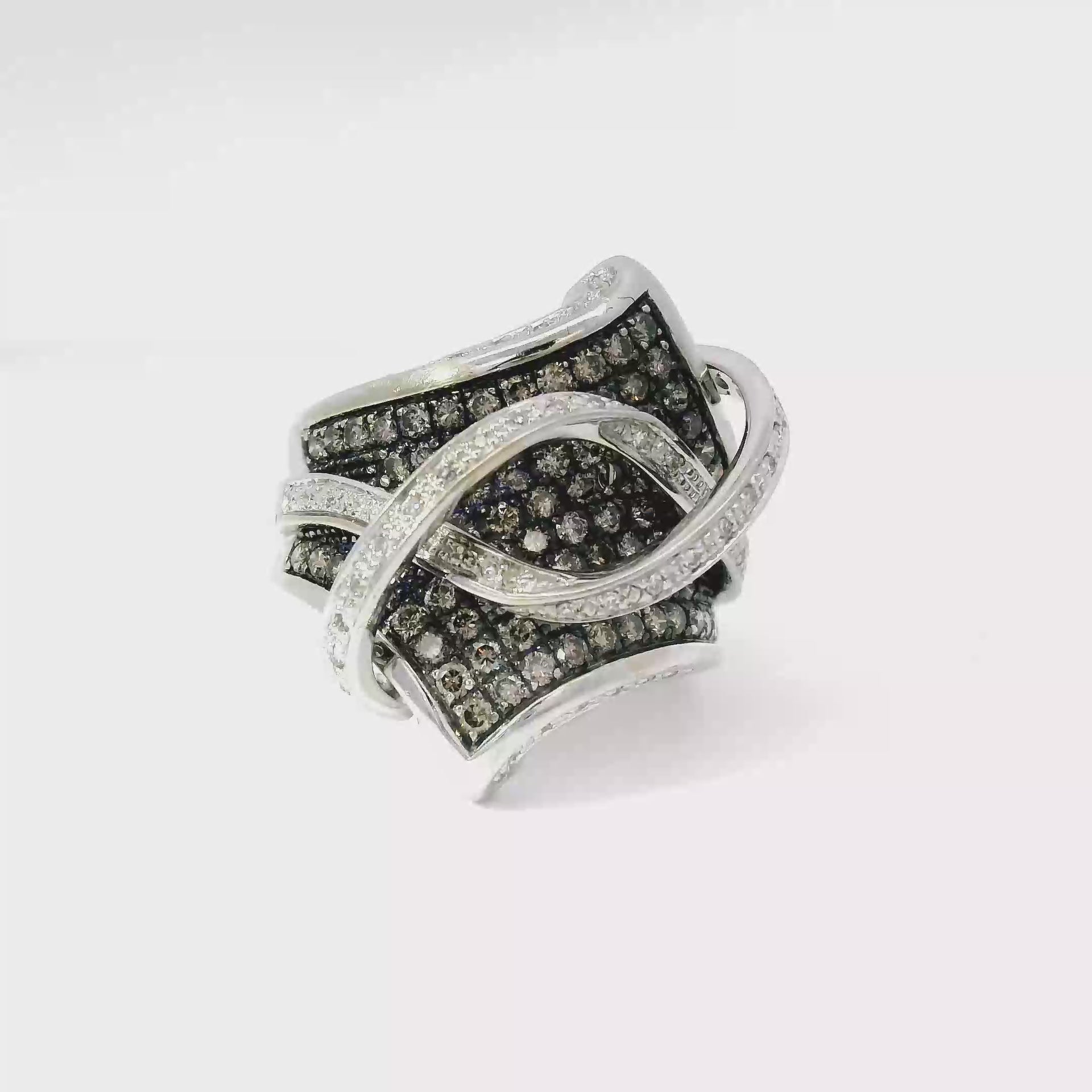 Custom Cluster Cocktail Ring Featuring Champagne and White Diamonds in 14K White Gold
