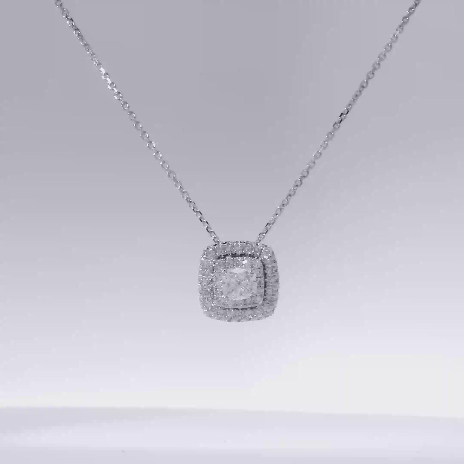 Natural Cushion Cut Diamond in 14K White Gold Double Halo Pendant on 14K White Gold Chain