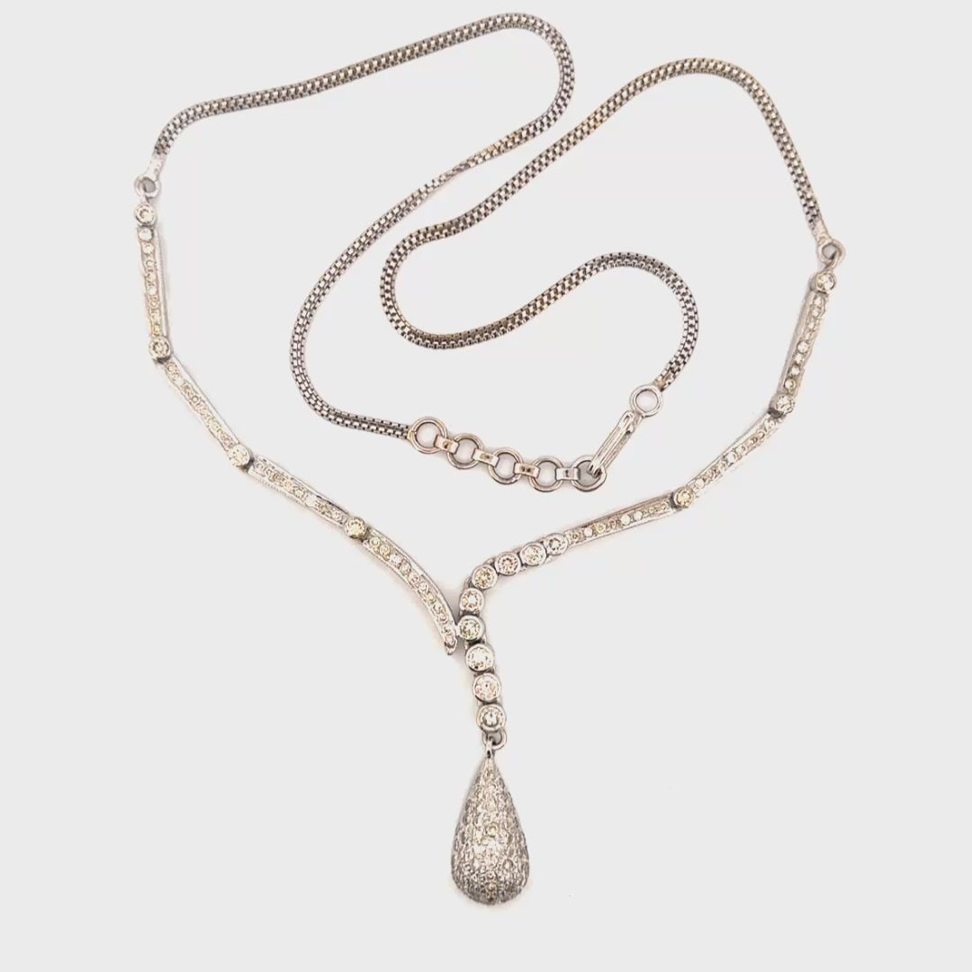 Pave Set Assymetrical Tear Drop Necklace Featuring 2cttw. of Natural Diamonds in 14K White Gold