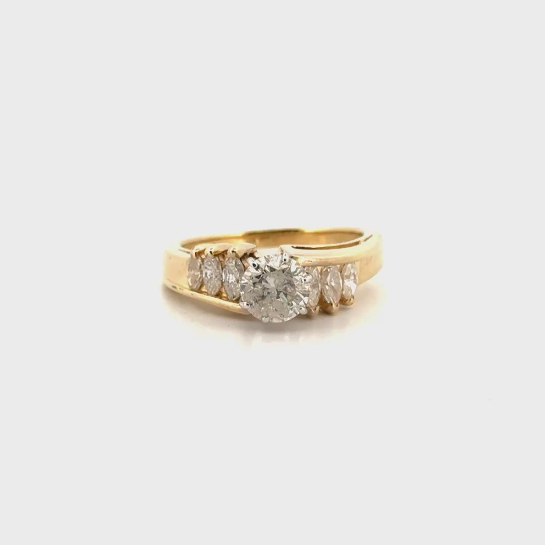 1.23cttw. Natural Round (laser drilled) Diamond & Marquise Engagement Ring in 14K Yellow Gold