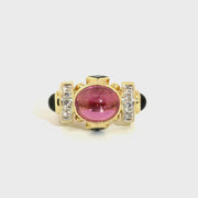 Oval Cabachon Cut Pink Tourmaline with Blue Sapphire & Green Tourmaline Accents in 14K Yellow Gold Sz 6