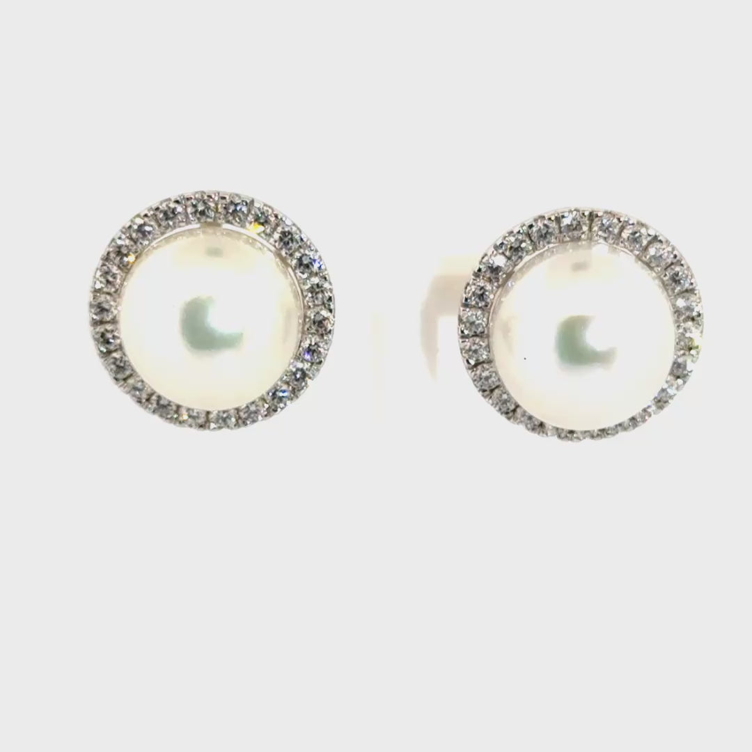 Cultured Pearl Earrings in Lab Grown Diamond Halo Set in 14K White Gold