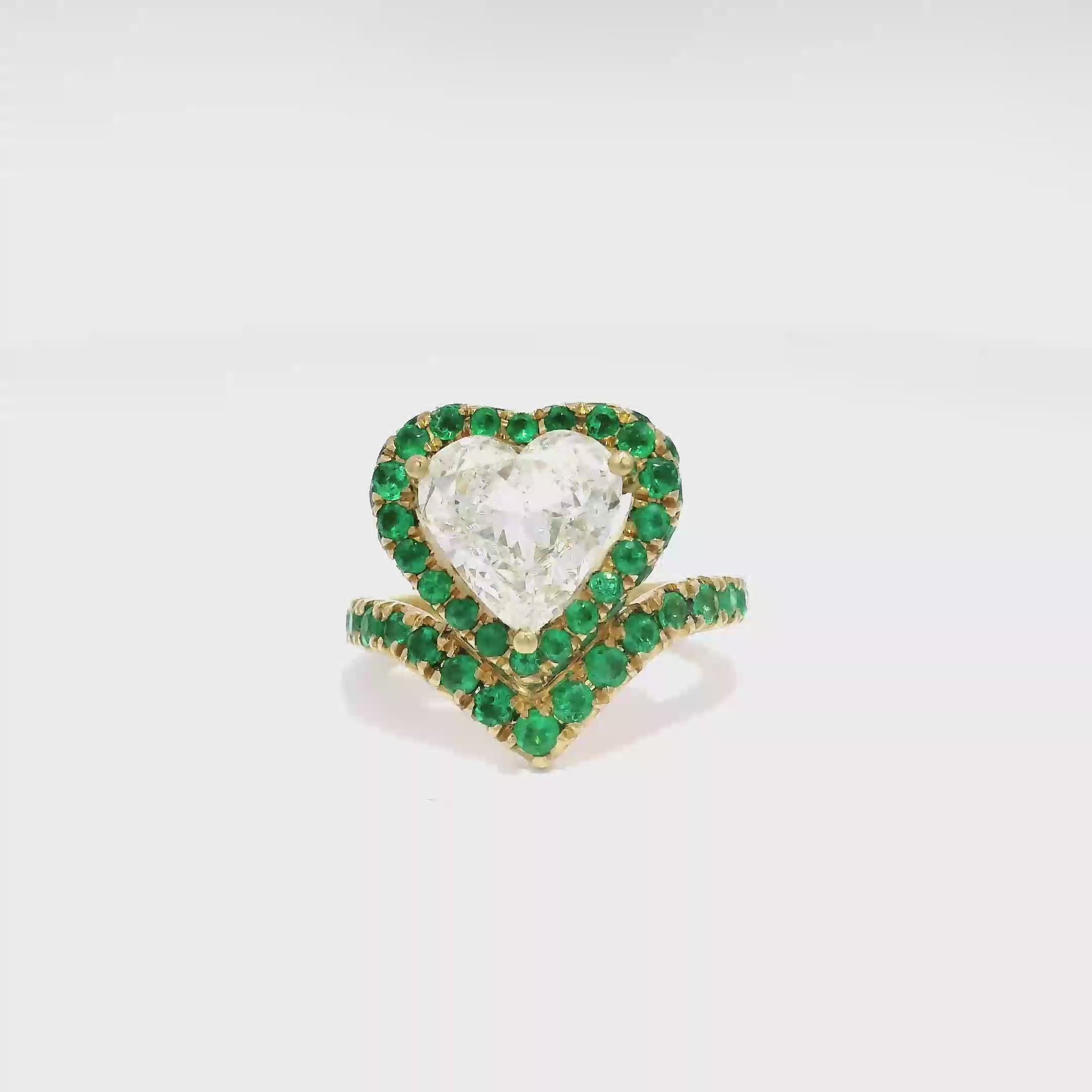 2.01ct. J VS2 GIA Natural Heart Shaped Diamond in 19k Yellow Gold Columbian Emerald Mounting