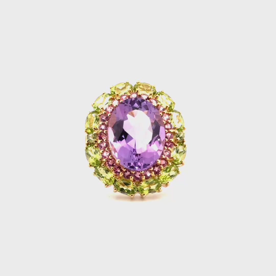 8.4ct. Amethyst With Peridot & Pink Tourmaline Halos Set in 10K Yellow Gold