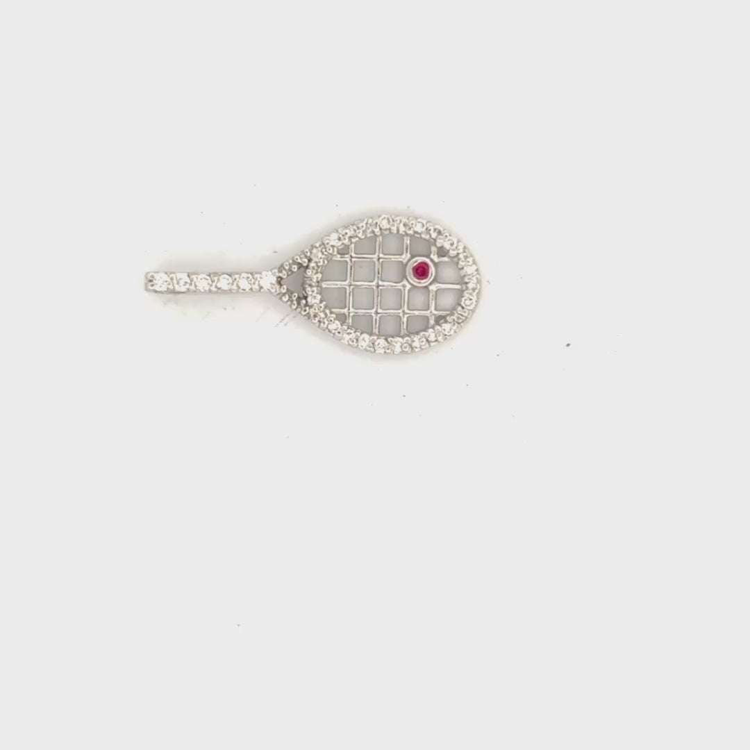 Natural Diamond & Ruby Tennis Racket Pendant in 18K White Gold