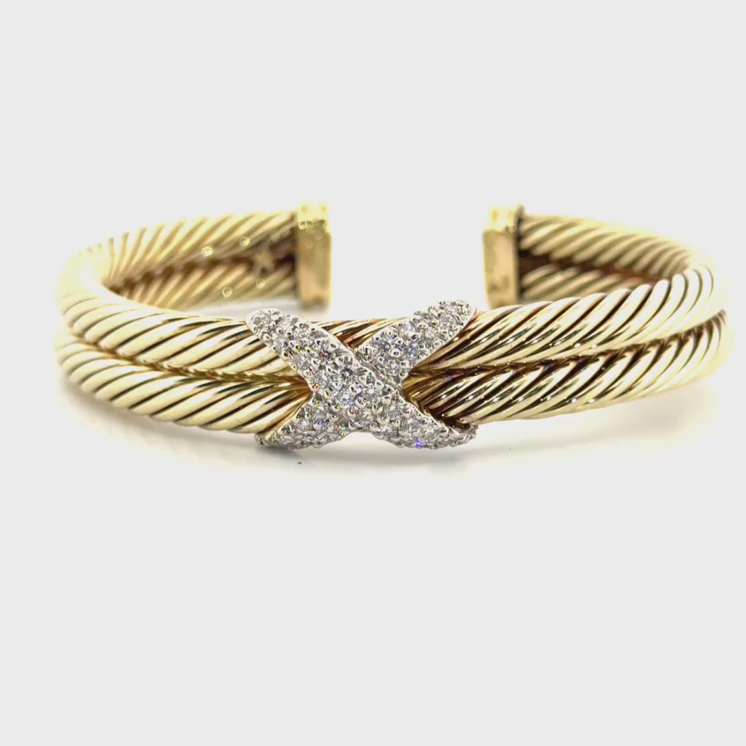 David Yurman Double Cable Pave Diamond X Cuff 14K Solid Gold Bangle with Natural Diamonds