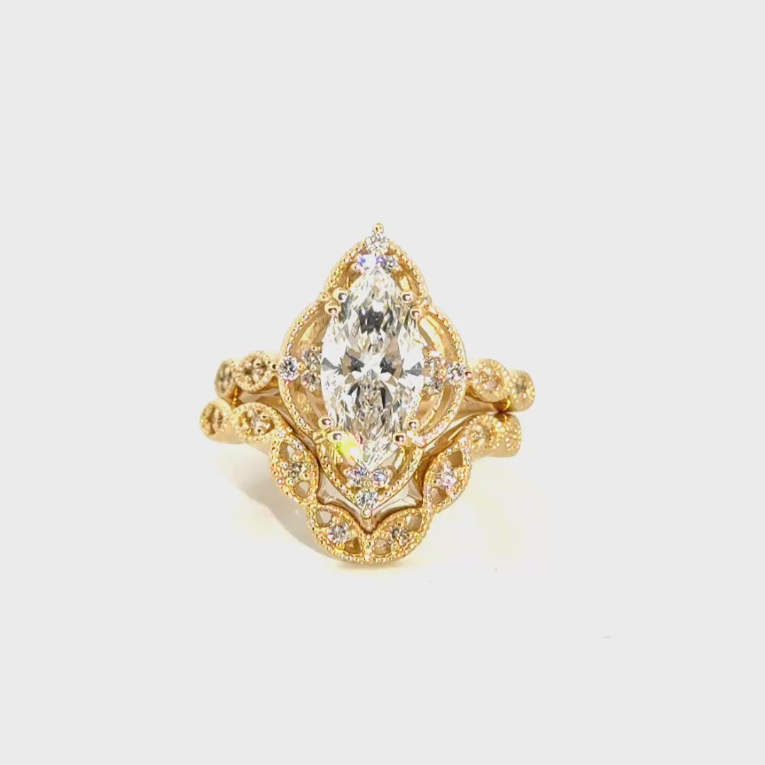 2.04ct. E VS1 Lab Grown Marquise in Antique Style Mounting with Matching Band in 14K Yellow Gold