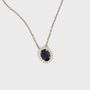 Oval Cut Sapphire in Diamond Halo on 14K White Gold Chain