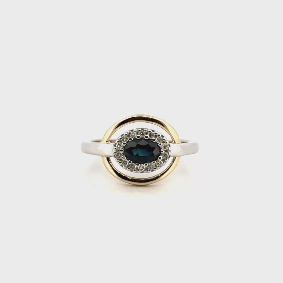 Vintage Blue Sapphire & Diamond Halo Ring in 9K Yellow & White Gold