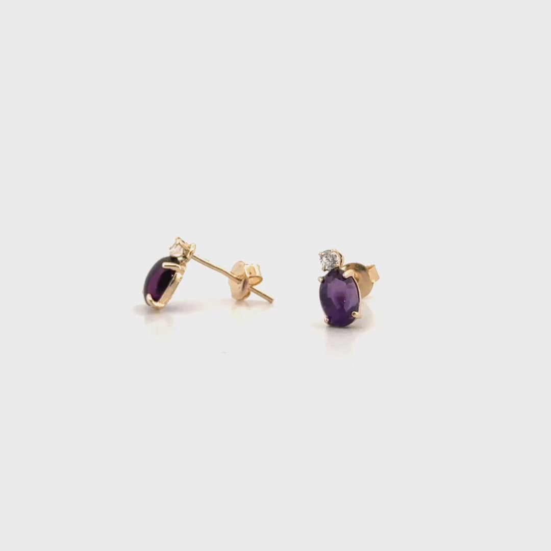 Amethyst Cabachon & Diamond Ear Studs in 14K Yellow Gold